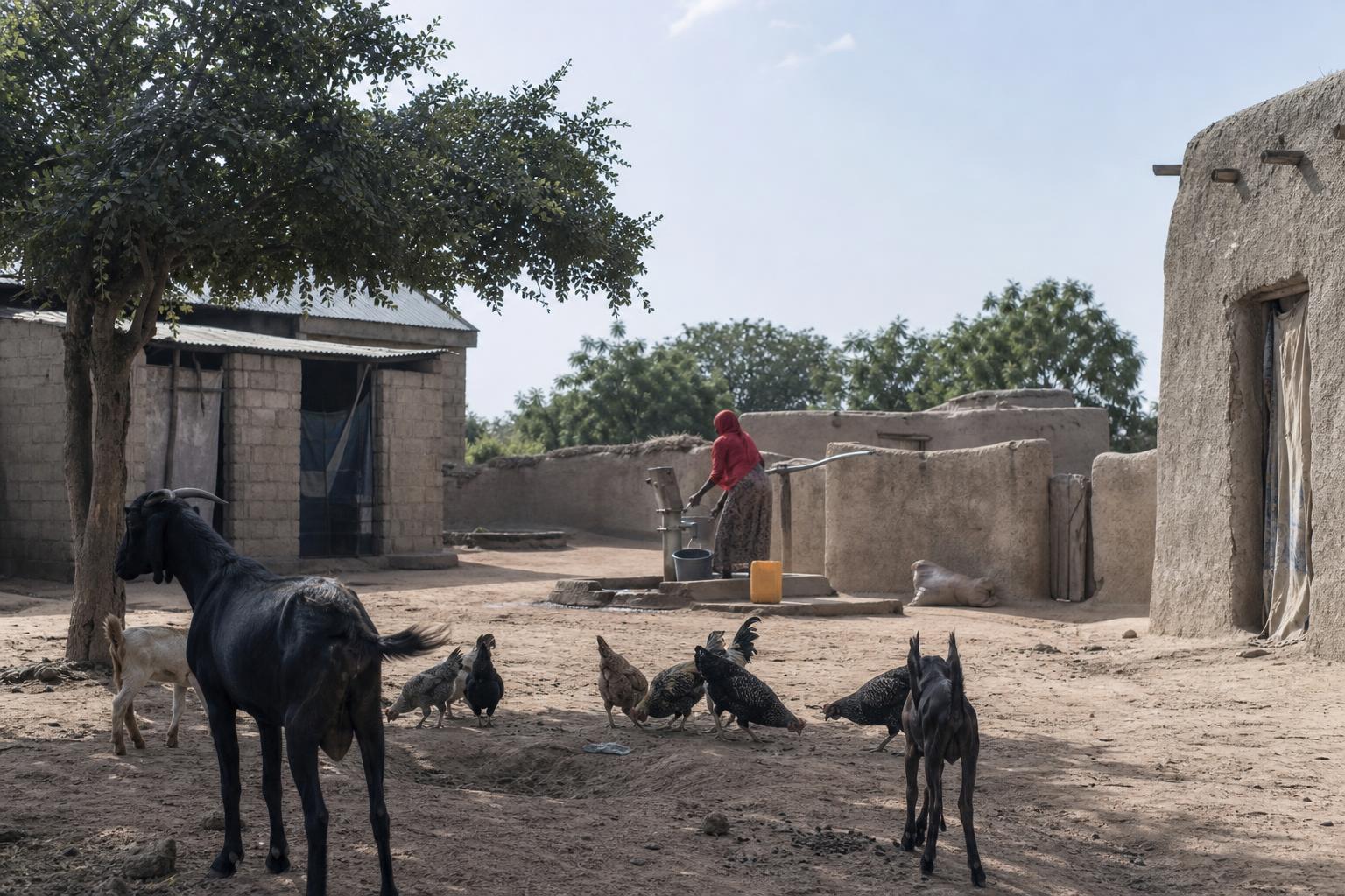 A rural Northern Nigerian household compound with livestock visible, photographed in a routine daytime moment.