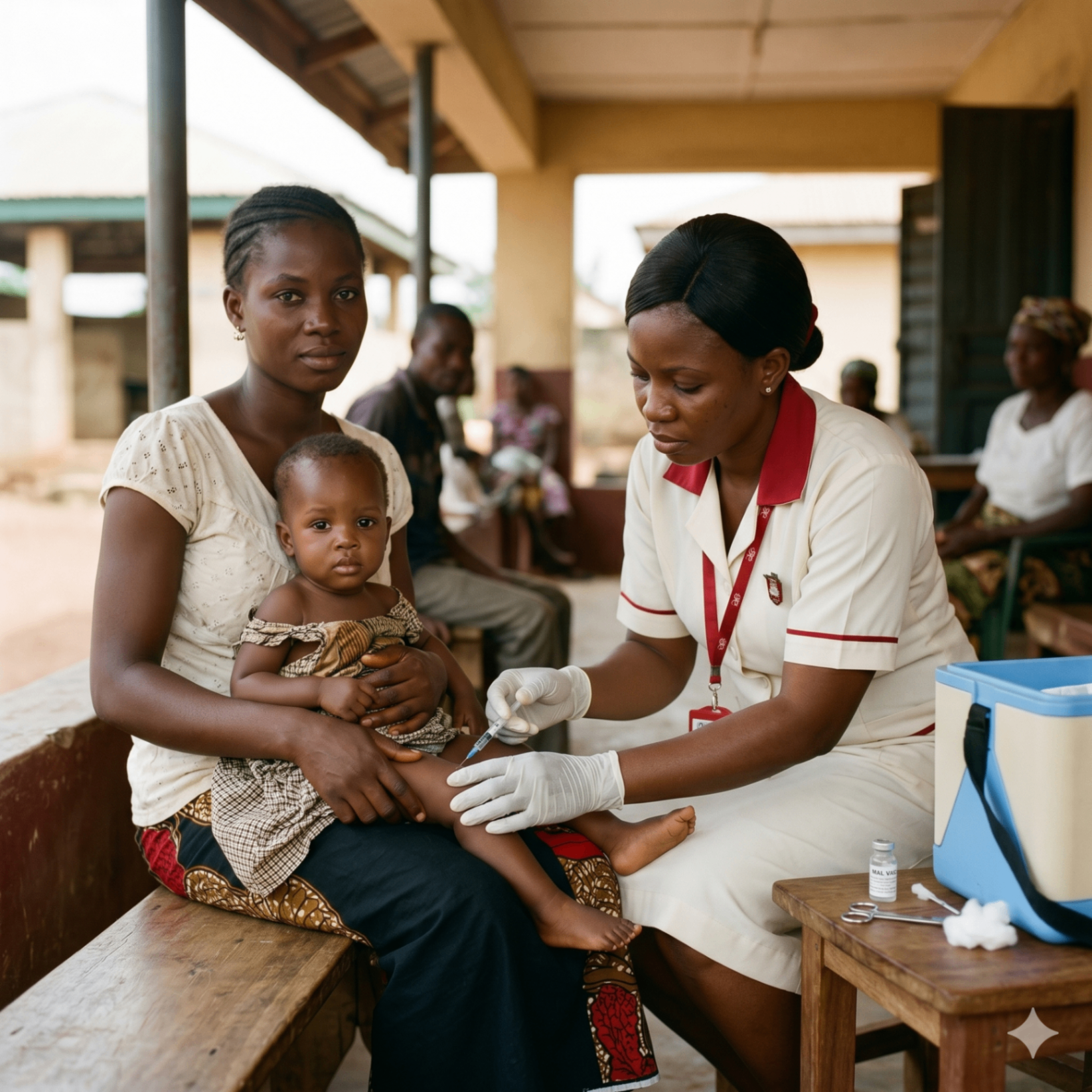 Child receiving a malaria vaccination at a clinic.