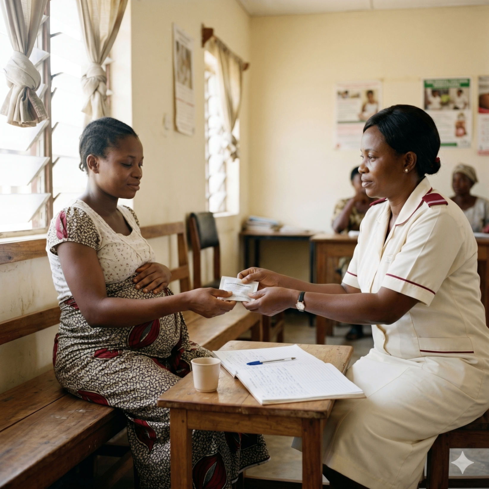 Pregnant woman receiving antenatal counselling at a clinic.