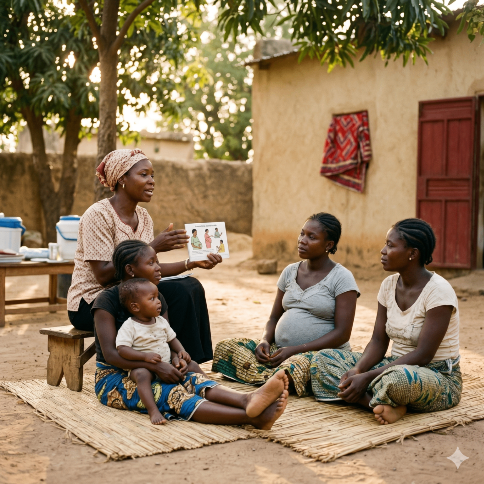 Community dialogue session with mothers discussing malaria prevention.
