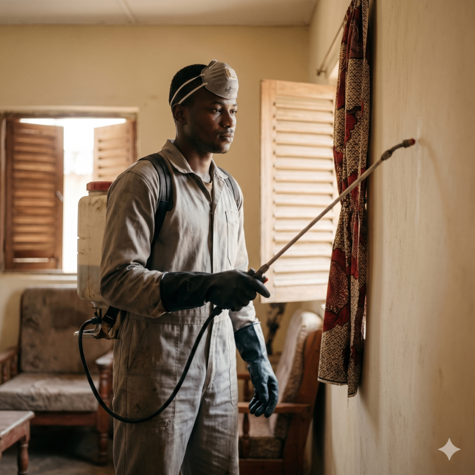 Field worker performing indoor residual spraying for malaria vector control.