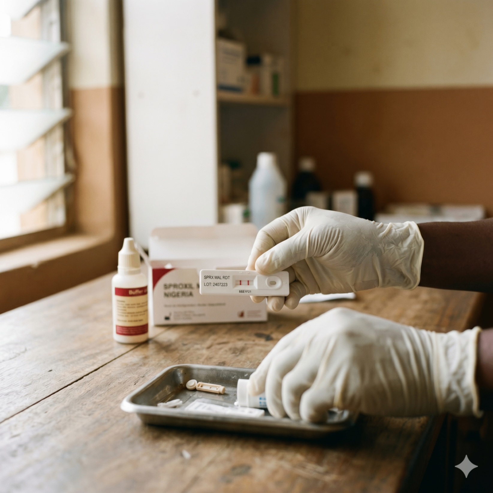 Healthcare worker conducting a malaria rapid diagnostic test.